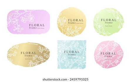 Floral frames with spring flowers pattern in line art style. Vector hand drawn decoration, branches with flowers on color background for labels, wedding invitations, logo template, packaging