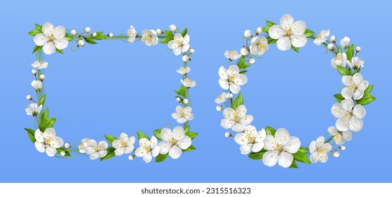 Floral frames, spring flowers. Realistick vector illustration for greeting card, branding identity on blue background