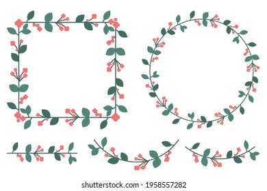 Floral frames. Square and round frames with green leaves and red flowers and decorative elements isolated on white background. Vector illustration.