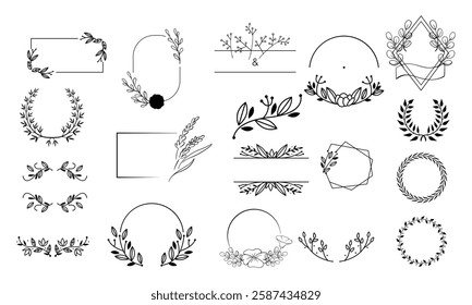 Floral frames Square and round leaf border decorative elegant elements for wedding invitation card simple ornamental wreath Vector laurel set