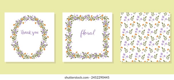 Floral frames vector set. Collection of seamless pattern, circle frame, square frame design with wildflowers for postcards, print, web. Hand drawn illustration. 
