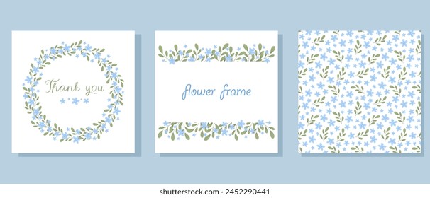 Floral frames vector set. Seamless pattern, circle frame, border frame design with blue flowers. Hand drawn illustration. Collection of blue wildflowers frames and pattern for postcards, print, web.