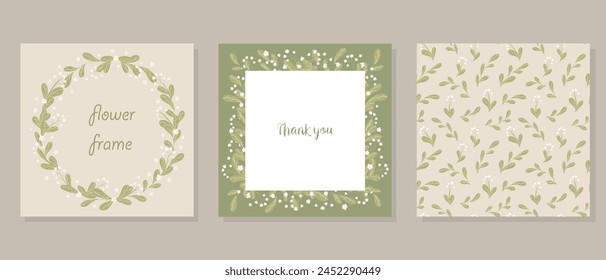 Conjunto de Vector de marcos florales. Patrón sin costura, marco de círculo, diseño de marco de borde con flores y hojas Pequeñas. Colección de azucenas de los marcos del valle y patrón para postales, estampado, Web.