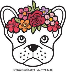 Floral French Bulldog color vector illustration