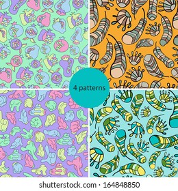 Floral fruit  colorful set of four bright new  abstract seamless patterns with flowers,fruit,plumage. Pattern can be used for wallpaper pattern. Vector backgrounds with bright  shades.