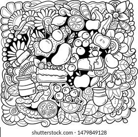 Floral and fruit doodle hand drawn vector illustration