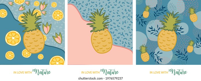 Floral and fruit elements. Pastel colors. Spring and Summer time. Pineapple and Lemon lovers. In love with Nature. 