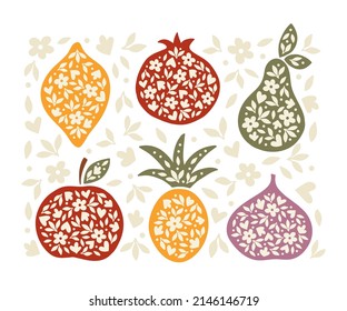 Floral fruit hand drawn vector illustration. Silhouette pear, lemon, pomegranate, apple, fig, pineapple with flower. Food drawing isolated on white background. Modern print, kitchen decor, poster.