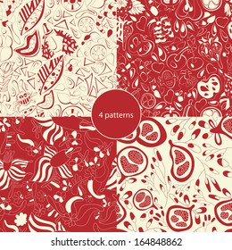 Floral fruit red white set of four bright new  abstract seamless patterns with flowers,fruit. Pattern can be used for wallpaper pattern fills surface textures. Vector backgrounds with warm  shades.