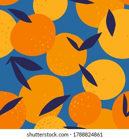 Floral Fruit seamless pattern made of oranges with leaves. Artistic background. Cut out paper design. Top view. Flat botanical illustration.