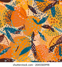 Floral Fruit seamless pattern made of oranges with leaves. Doodles floral ornament. Dashed wavy lines. Cut out paper design. Top view. Flat botanical illustration. Cartoon style.