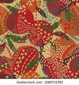 Floral Fruit seamless pattern made of oranges with leaves. Doodles floral ornament. Dashed wavy lines. Cut out paper design. Top view. Flat botanical illustration. Cartoon style.