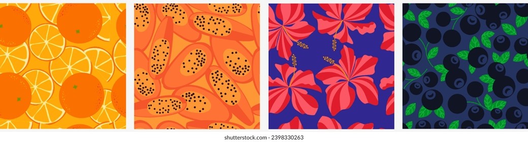 Floral and fruit seamless pattern. Ornaments of oranges and red flowers with dark blueberries for colorful textile vector design