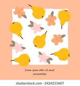 Floral and fruit square greeting cards. Vector illustrations and border of spring cute flowers, pears for poster, social media post, flyer, brochure, banner or background. Drawings hand-drawn design