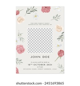 Floral funeral invitation template, colorful flowers and leaves on light brown background