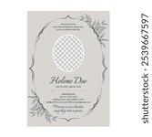 Floral funeral invitation template features a vintage dark gray floral frame encircling a circular photo placeholder on a light gray background conveying a sense of respect and solemnity