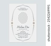 Floral funeral invitation template features a vintage floral frame encircling a circular photo placeholder on a grey background conveying a sense of respect and solemnity