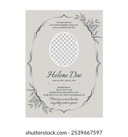 Floral funeral invitation template features a vintage dark gray floral frame encircling a circular photo placeholder on a light gray background conveying a sense of respect and solemnity