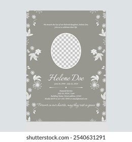 Floral funeral invitation template features a white floral border on each side on a grey background conveying a sense of respect and solemnity