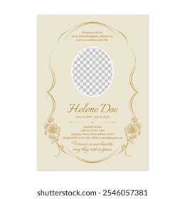 Floral funeral invitation template features a vintage gold floral frame encircling a circular photo placeholder on a cream-colored background conveying a sense of respect and solemnity