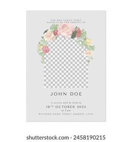 Floral funeral invitation template, minimalist assorted flowers and leaves on light grey background