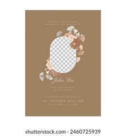 Plantilla de invitación floral funeraria, rosas marrones minimalistas y hojas de ginkgo sobre fondo marrón