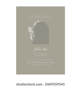 Floral funeral invitation template, minimalist olive leaves on green background