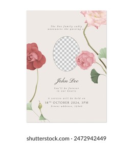 Plantilla de invitación floral funeraria, rosas minimalistas sobre fondo marrón claro