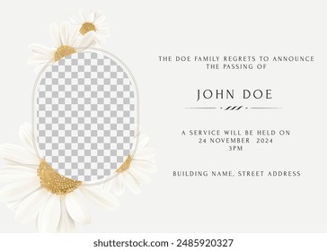 Floral funeral invitation template, minimalist daisy flowers and photo frame on brown background