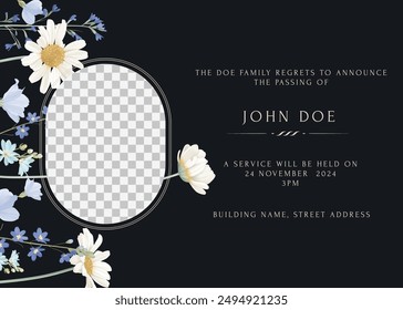 Floral funeral invitation template, minimalist wildflowers and photo frame on dark grey background