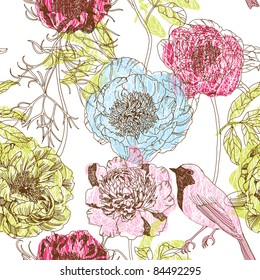 Jardín floral con pájaro