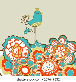 Floral garden and cute bird