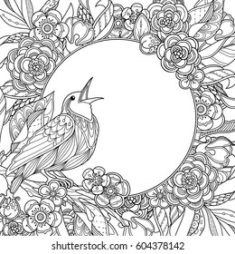 Floral garden frame in doodle style. Bird on a branch with flowers and leaves. Ornate decorative black and white illustration. Zentangle coloring book page