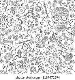 Floral garden. Holiday illustration for Day of the dead or Halloween.