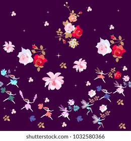 Floral garden. Magic dance of fairies and elves with beautiful flowers. Ballet in summer night. Vector illustration.