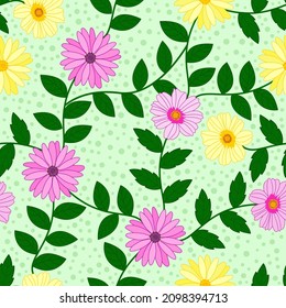 Floral garden repeat pattern, pink and yellow daisy, green leaves. Good for fabric, dress, textile, wrapping, wallpaper, etc.