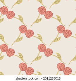 Blumengarten nahtloses Muster mit roten Rosensilhouetten. Pastellrosa Hintergrund. Stockillustration. Vektordesign für Textilien, Gewebe, Geschenkpapier, Wallpaper.