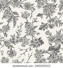 Floral garden seamless pattern with garden tree branches. Cherry, hawthorn and Japanese kerria. Spring background with flowers. Black and white