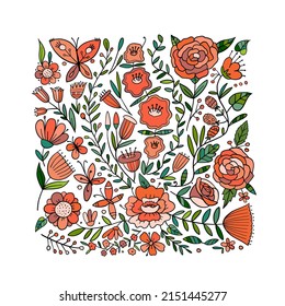 Floral Garden. Spring concept Background. Square shape frame for your design, business cards, banners etc