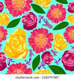 Floral garden theme large and colorful flowers on blue background seamless vector repeat pattern. Hand drawn flowers vector repeat surface pattern design. Fairytale garden floral seamless pattern.