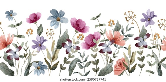 floral garden watercolor seamless border