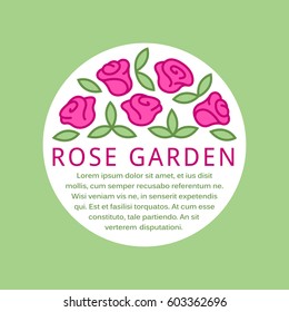 Floral and gardening design template with rose flowers and leaves in a shape of a circle and place for your text.