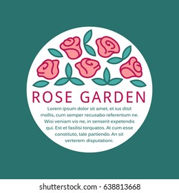 Floral and gardening design template with rose flowers and leaves in a shape of a circle and place for your text.