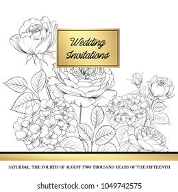Floral garland of hydrangea and rose on white background. Flower head of blossom flowers.