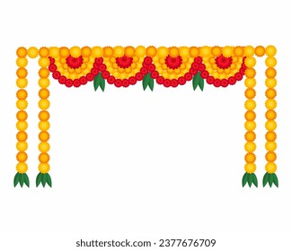 floral garland with marigold flowers and mango leaves for happy Diwali dhanteras Holiday background.