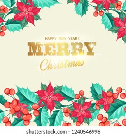 Floral garland of red poinsettia with merry christmas sign. Vector illustration.