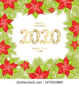 Floral garland of red poinsettia with Merry Xmas sign. Vector illustration.