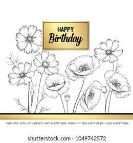 Floral garland of wild flowers on white background. Happy birthday card with text place in the center. Vector illustration.