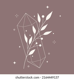 Floral and gemstone shape hand drawn style. Floral brown and white frame of twigs, leaves and flowers. Frames for the Valentine's day, wedding decor, logo and identity template.