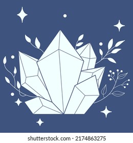 Floral and gemstone shape hand drawn style. Floral blue and white frame of twigs, leaves and flowers. Frames for the Valentine's day, wedding decor, logo and identity template.